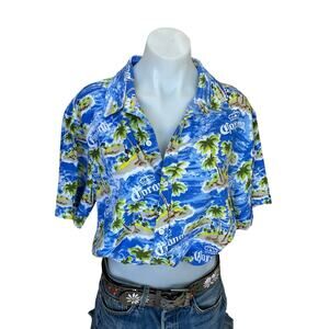 Hawaiian Shirt Button Down Crop Top One Size Boxy Corona Beer Tropical Unique